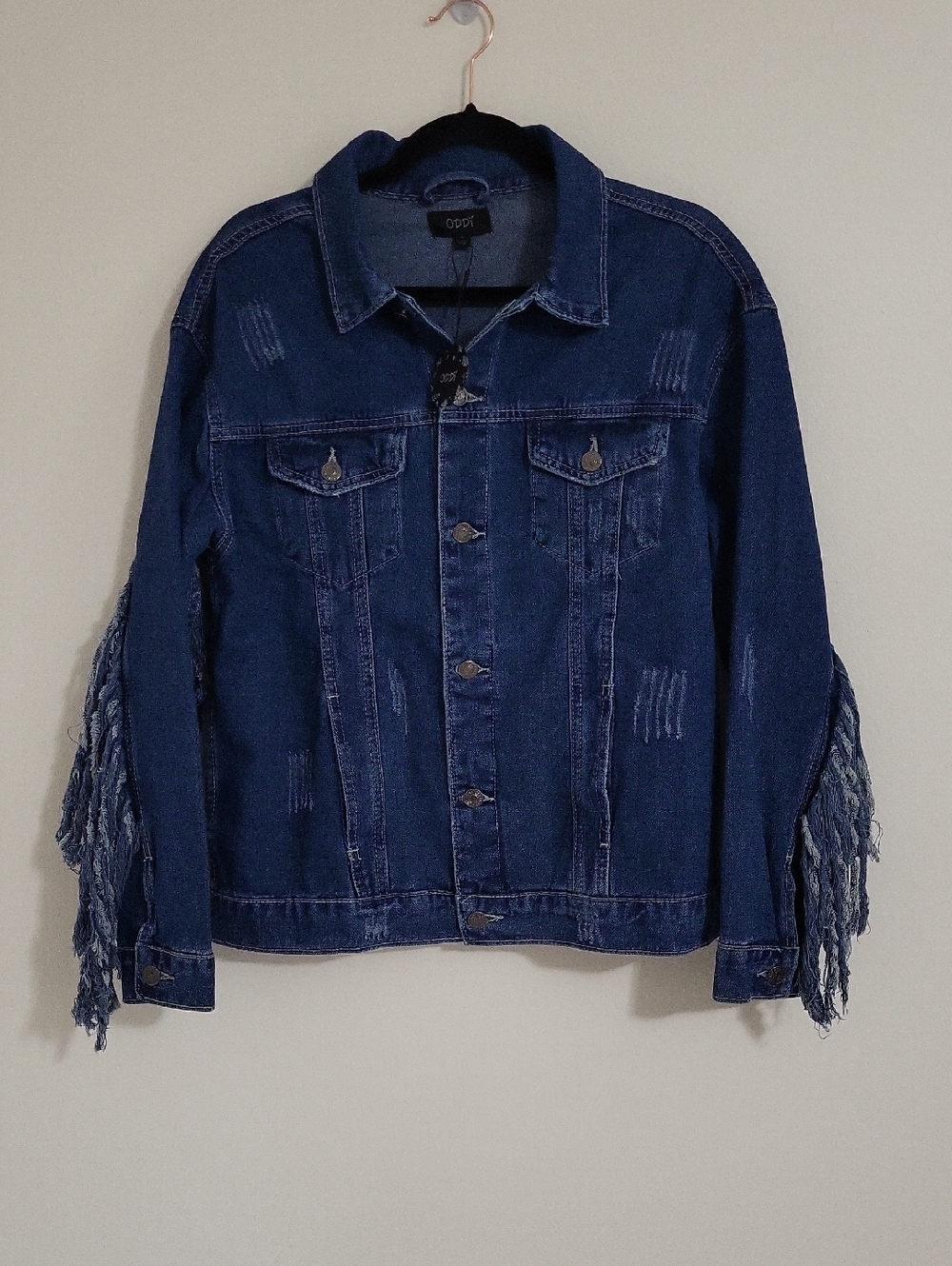 Oddi Cotton Jean Jacket With Fringe, Some Distressing Soft Material